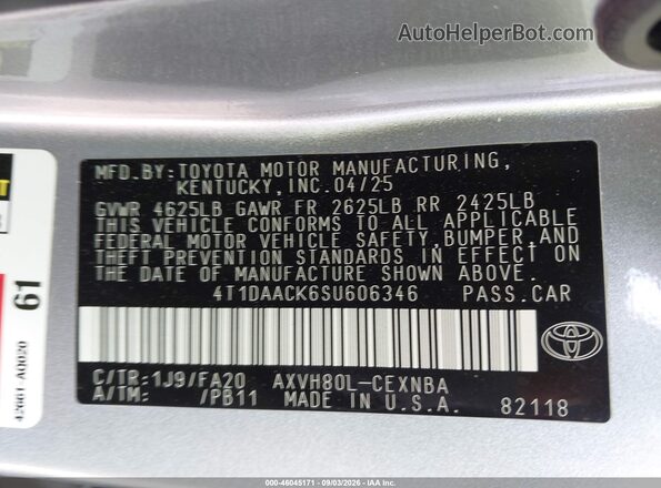4T1DAACK6SU606346 2025 TOYOTA CAMRY Silver Вид підкапотного простору