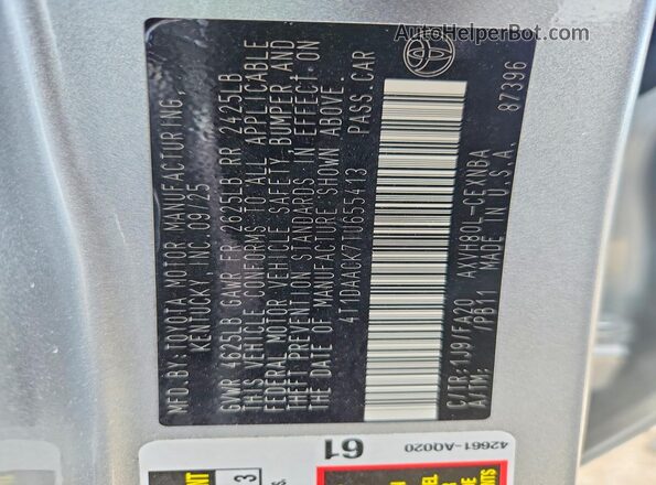 4T1DAACK7TU655413 2026 TOYOTA CAMRY Silver Вид наклейки з VIN-кодом
