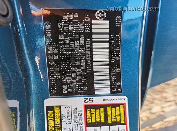 4T1DAACK8SU178134 2025 TOYOTA CAMRY Blue Widok naklejki z numerem VIN