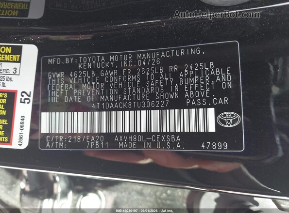 4T1DAACK8TU306227 2026 TOYOTA CAMRY Black Widok komory silnika
