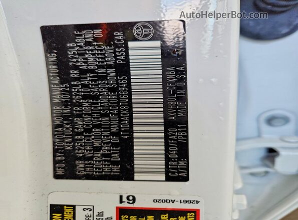 4T1DAACK8TU669465 2026 TOYOTA CAMRY White Вид наклейки з VIN-кодом