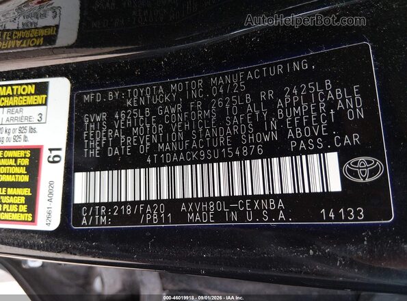 4T1DAACK9SU154876 2025 TOYOTA CAMRY Black Vista del compartimento del motor