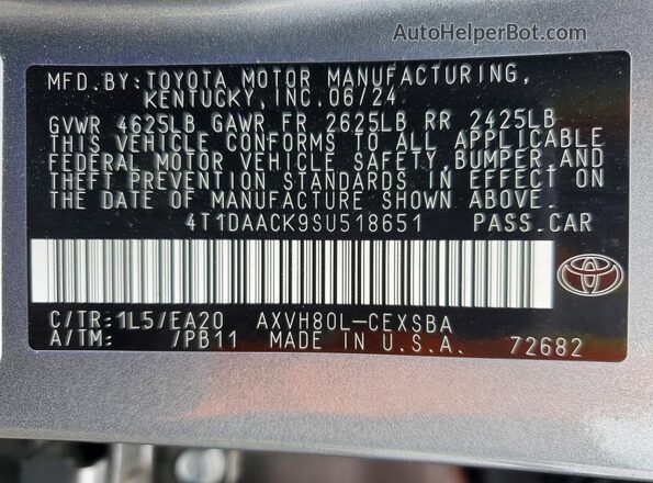 4T1DAACK9SU518651 2025 TOYOTA CAMRY Серый Вид наклейки с VIN-кодом