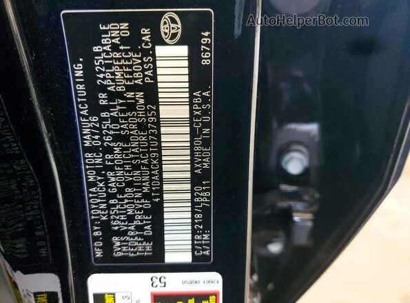4T1DAACK9TU737952 2026 TOYOTA CAMRY Black Vista de la etiqueta del VIN