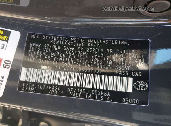4T1DBADK0SU025324 2025 TOYOTA CAMRY Charcoal VIN կոդի պիտակի տեսք