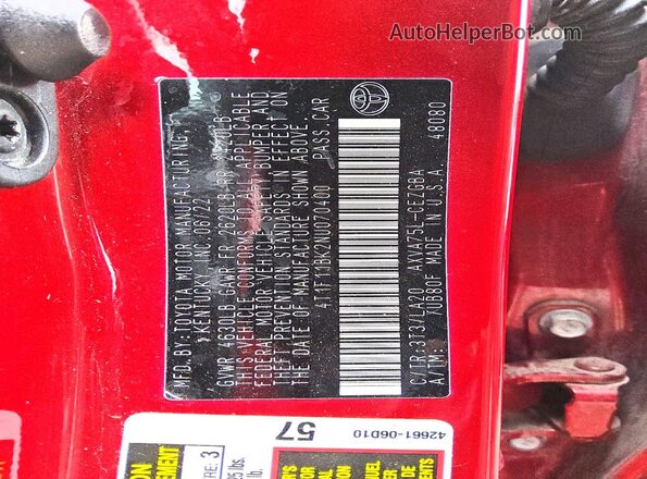 4T1F11BK2NU070400 2022 TOYOTA CAMRY Red Widok komory silnika