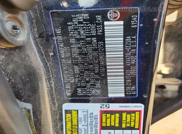 4T1G11AK6MU512759 2021 TOYOTA CAMRY Black VIN sticker view