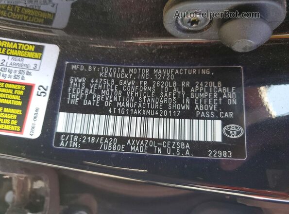 4T1G11AKXMU420117 2021 TOYOTA CAMRY Black VIN կոդի պիտակի տեսք