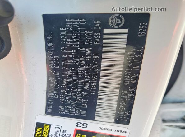 4T1K61AK0LU367180 2020 TOYOTA CAMRY White Engine compartment view
