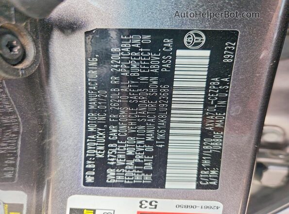 4T1K61AK8LU923686 2020 TOYOTA CAMRY Gray Շարժիչի բաժամունքի տեսք