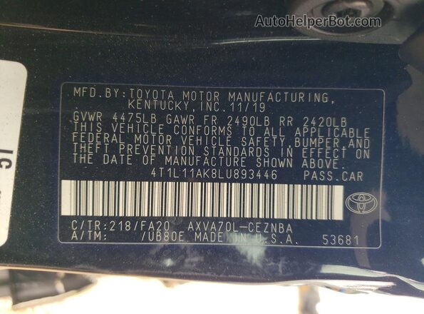 4T1L11AK8LU893446 2020 TOYOTA CAMRY Black Vista del compartimento del motor