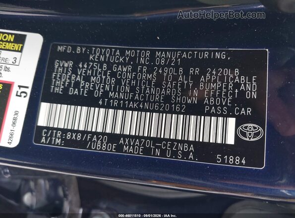 4T1R11AK4NU620162 2022 TOYOTA CAMRY Dark Blue Engine compartment view