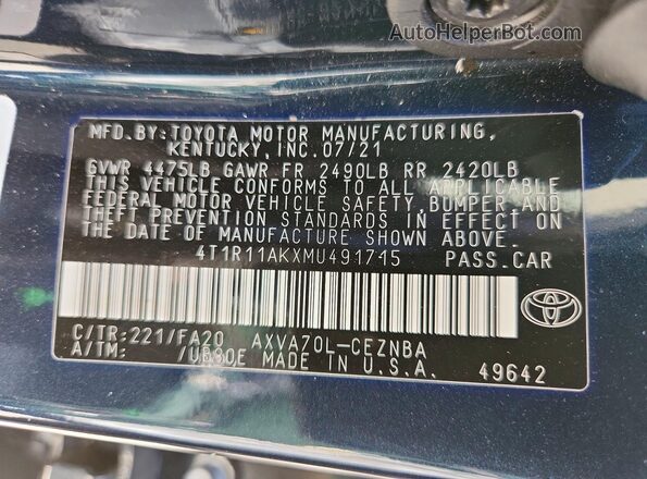 4T1R11AKXMU491715 2021 TOYOTA CAMRY Синий Вид наклейки с VIN-кодом