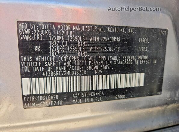4T3B6RFV3MU045708 2021 TOYOTA RAV4 Серебряный Панорамный вид салона 360°