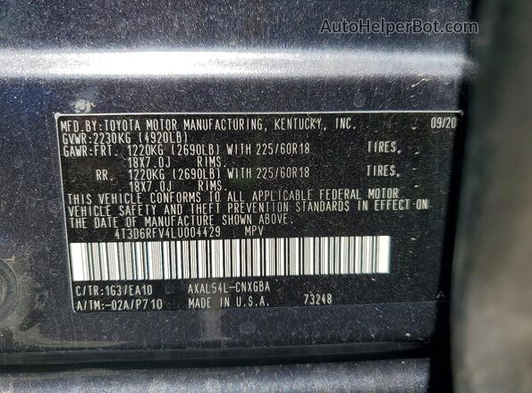 4T3D6RFV4LU004429 2020 TOYOTA RAV4 Gray Вид наклейки з VIN-кодом