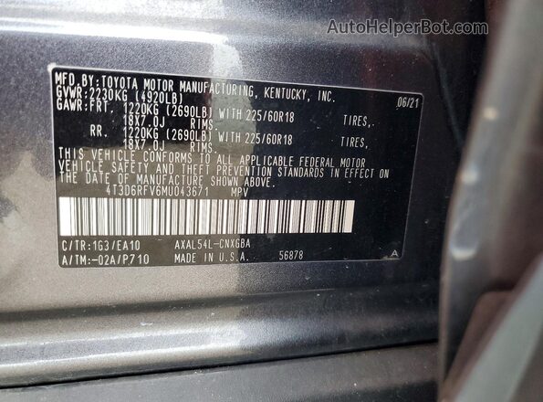 4T3D6RFV6MU043671 2021 TOYOTA RAV4 Gray სალონის 360-გრადუსიანი ხედი