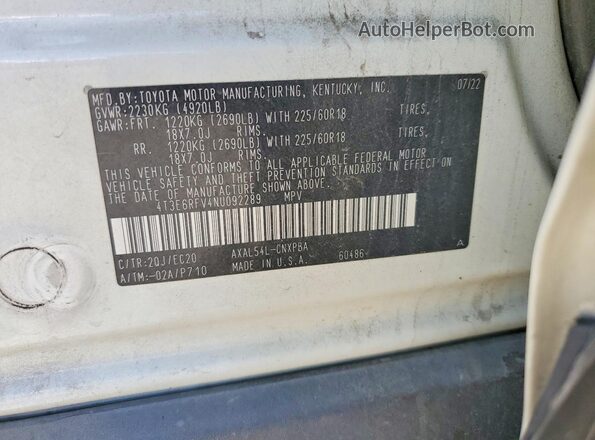 4T3E6RFV4NU092289 2022 TOYOTA RAV4 Белый Вид наклейки с VIN-кодом