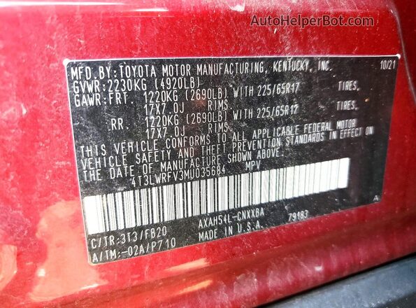 4T3LWRFV3MU035684 2021 TOYOTA RAV4 Red ძრავის განყოფილების ხედი