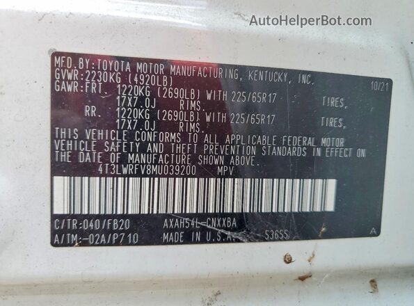 4T3LWRFV8MU039200 2021 TOYOTA RAV4 White Widok naklejki z numerem VIN