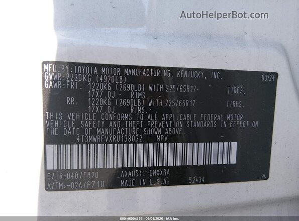 4T3MWRFVXRU138032 2024 TOYOTA RAV4 HYBRID Белый Вид подкапотного пространства
