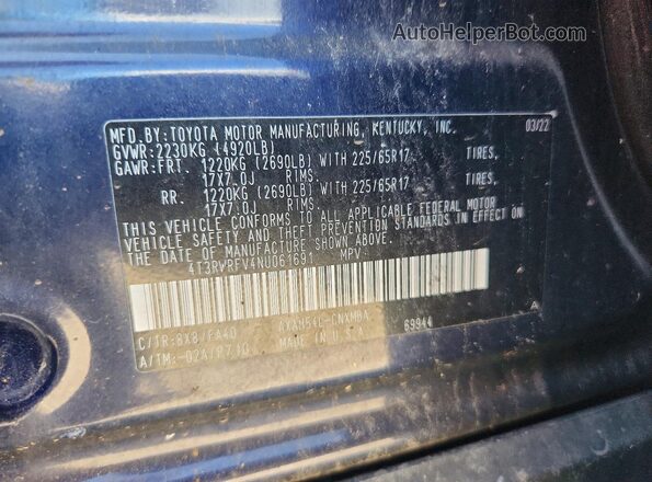 4T3RWRFV4NU061691 2022 TOYOTA RAV4 Blue VIN կոդի պիտակի տեսք