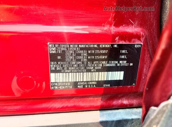 4T3RWRFV4RU140168 2024 TOYOTA RAV4 Красный Панорамный вид салона 360°