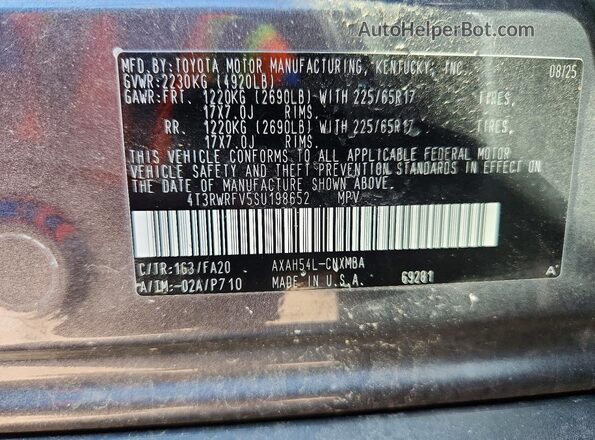 4T3RWRFV5SU198652 2025 TOYOTA RAV4 Серый Вид наклейки с VIN-кодом