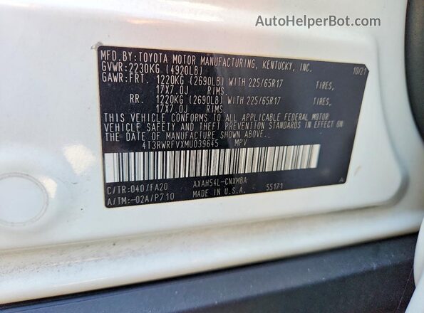 4T3RWRFVXMU039645 2021 TOYOTA RAV4 White Вид підкапотного простору