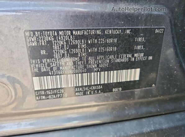 4T3T6RFV8NU080640 2022 TOYOTA RAV4 Серый Панорамный вид салона 360°