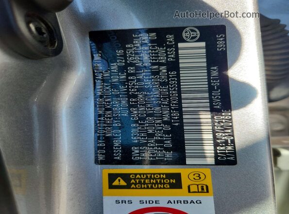 4T4BF1FK0GR559316 2016 TOYOTA CAMRY Серебряный Вид наклейки с VIN-кодом