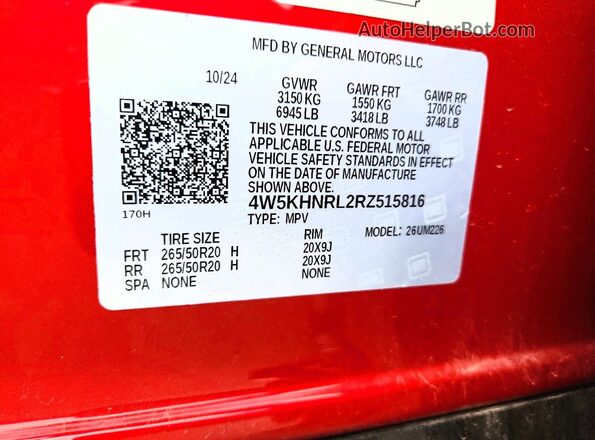 4W5KHNRL2RZ515816 2024 ACURA ZDX Red VIN კოდის სტიკერის ხედი