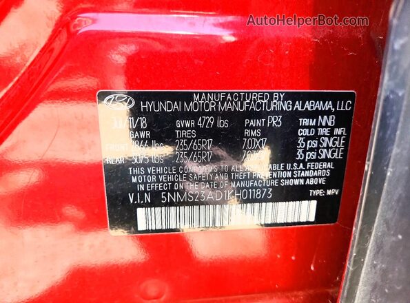 5NMS23AD1KH011873 2019 HYUNDAI SANTA Red 360 interior view