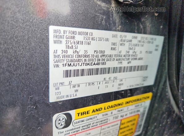 1FMJU1JT0KEA48185 2019 FORD EXPEDITION Gray 360 interior view