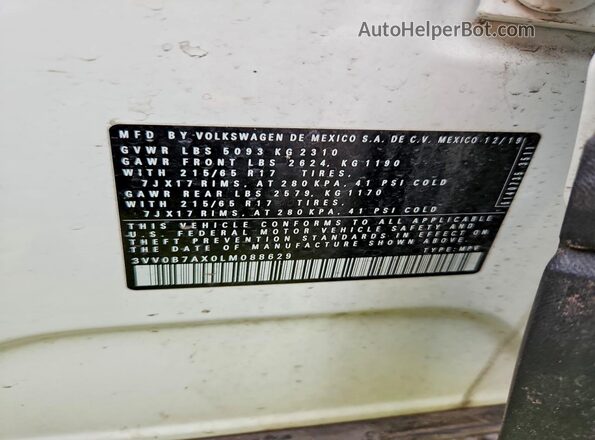 3VV0B7AX0LM088629 2020 VOLKSWAGEN TIGUAN White Vista interior de 360 grados