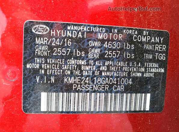 KMHE24L18GA041004 2016 HYUNDAI SONATA Red VIN կոդի պիտակի տեսք