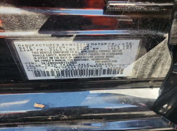 3N1AB8DV4RY337022 2024 NISSAN SENTRA Black Widok naklejki z numerem VIN