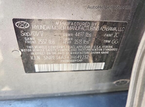 5NPE34AF4JH649232 2018 HYUNDAI SONATA Gray Widok naklejki z numerem VIN