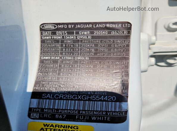 SALCR2BGXGH554420 2016 LAND ROVER DISCOVERY White 360 interior view