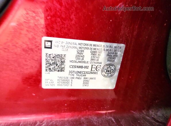 3GTU2NEC2JG284501 2018 GMC SIERRA Красный Вид наклейки с VIN-кодом