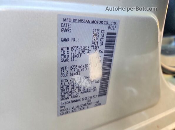 5N1DR2MN6HC902957 2017 NISSAN PATHFINDER Silver Vista interior de 360 grados