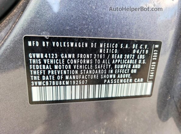 3VWCB7BU8KM192507 2019 VOLKSWAGEN JETTA Gray Вид наклейки з VIN-кодом
