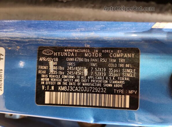 KM8J3CA20JU729232 2018 HYUNDAI TUCSON Blue Սալոնի 360 աստիճան տեսք