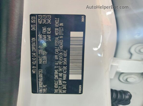 7JR102FK6LG067353 2020 VOLVO S60 White Widok naklejki z numerem VIN
