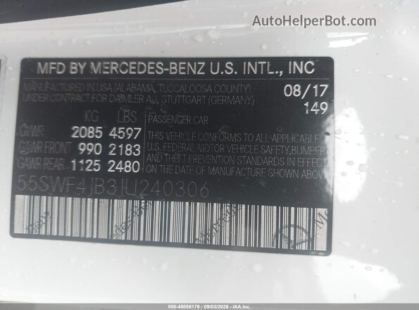 55SWF4JB3JU240306 2018 MERCEDES-BENZ C-CLASS White Вид підкапотного простору