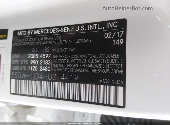 55SWF4JB4HU214419 2017 MERCEDES-BENZ C-CLASS White Շարժիչի բաժամունքի տեսք