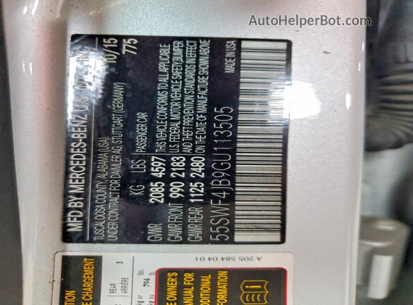 55SWF4JB9GU113505 2016 MERCEDES-BENZ C Silver Вид наклейки з VIN-кодом