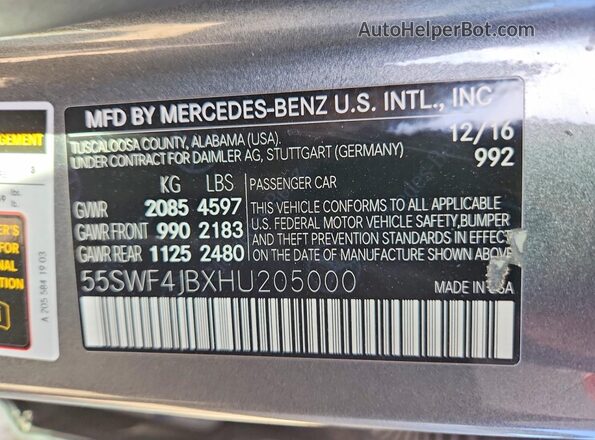 55SWF4JBXHU205000 2017 MERCEDES-BENZ C Gray Вид наклейки з VIN-кодом