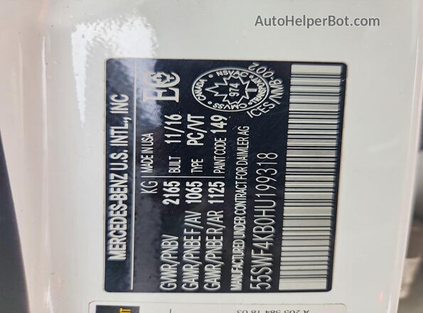 55SWF4KB0HU199318 2017 MERCEDES-BENZ C-CLASS White Widok naklejki z numerem VIN