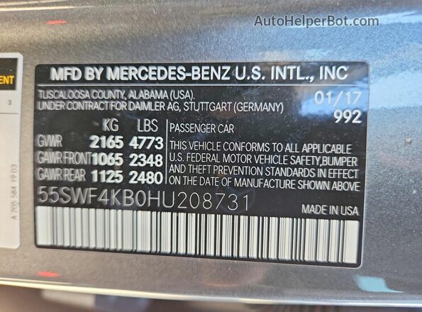 55SWF4KB0HU208731 2017 MERCEDES-BENZ C Gray Vista del compartimento del motor