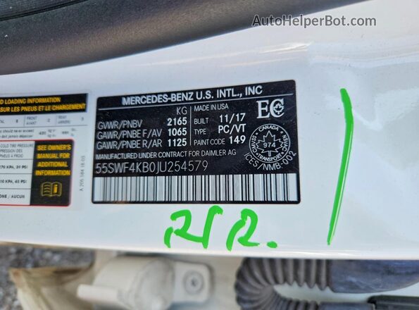 55SWF4KB0JU254579 2018 MERCEDES-BENZ C White Widok naklejki z numerem VIN